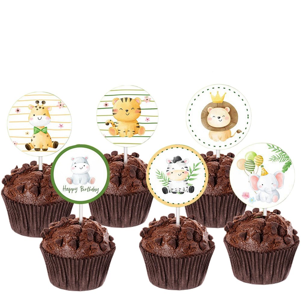 12-Piece Round Zoo Animal Cupcake Toppers - Jungle Theme Cake Decor for Kids' Birthdays & Baby Showers - Party Supplies