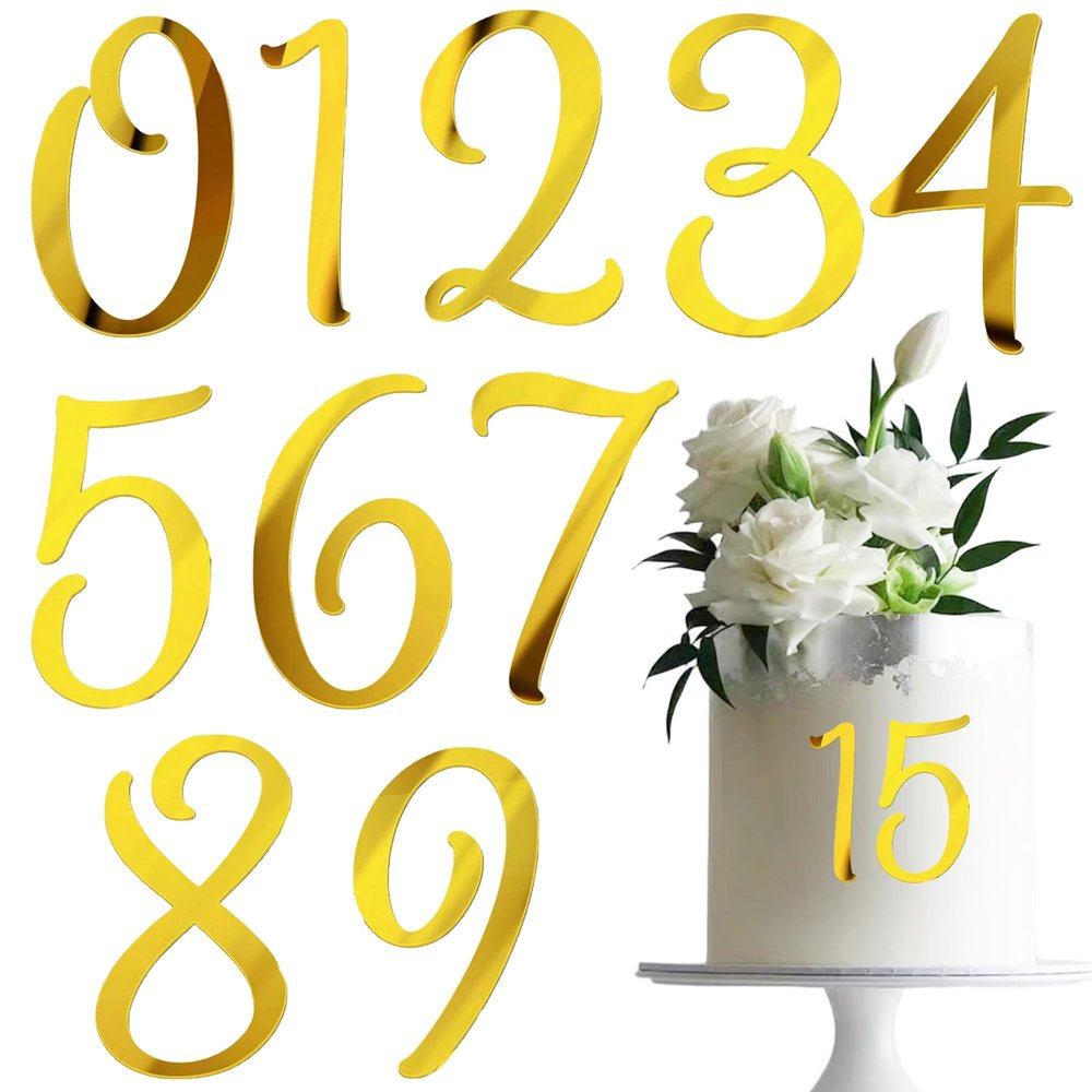 10 PCS Acrylic Side Insert Cake Topper Gold 0 to 9 Numbers Cake Decor for Weddings Birthday Parties Decoration Supplies