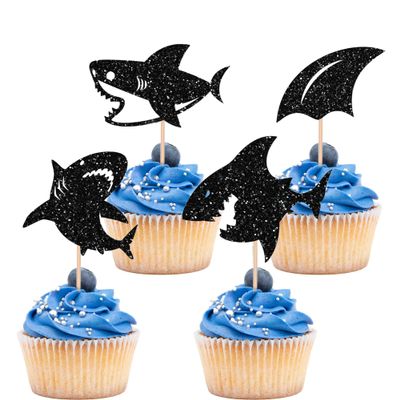 12Pcs Shark Fin Cupcake Topper -Black Glitter Shark Decoration, Ocean Animal Cupcake Toppers for Ocean Animals Shark Theme Kids Birthday Parties