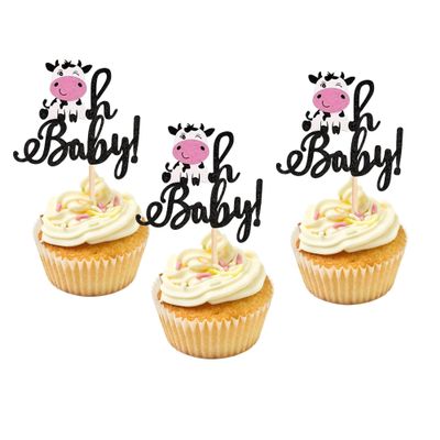 12Pcs Black Glitter Cow Oh Baby Cupcake Toppers, Farm Animals Cupcake Decorations Gender Reveal Theme Baby Shower Kids Boys Girls Birthday Party Cake Decorations Supplies