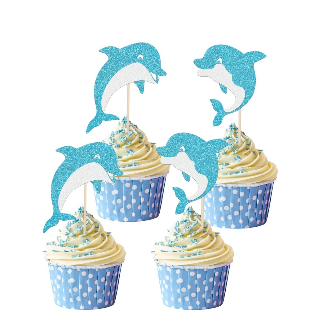12 Pcs Dolphin Cupcake Topper Blue Glitter Dolphin Cupcake Decorations Ocean Themed Party Dolphin Themed Birthday Parties & Baby Showers