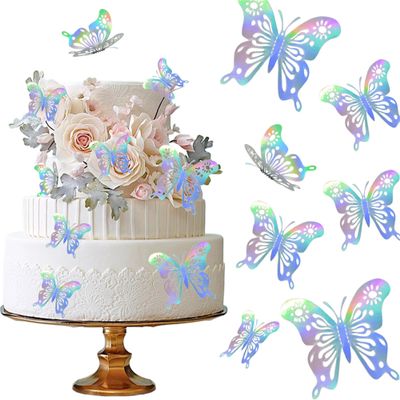 12 Pcs 3D Butterfly Cake Toppers Iridescent Sliver Butterflies Cake Decor Elegant Hollow Cake Decorations for Wedding Birthday Party Supplies