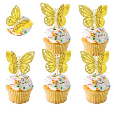 12-Glitter Gold Paper Butterfly Cake Decorations, Double - Layered Paper Cake Toppers for Dessert Table, Party Supplies