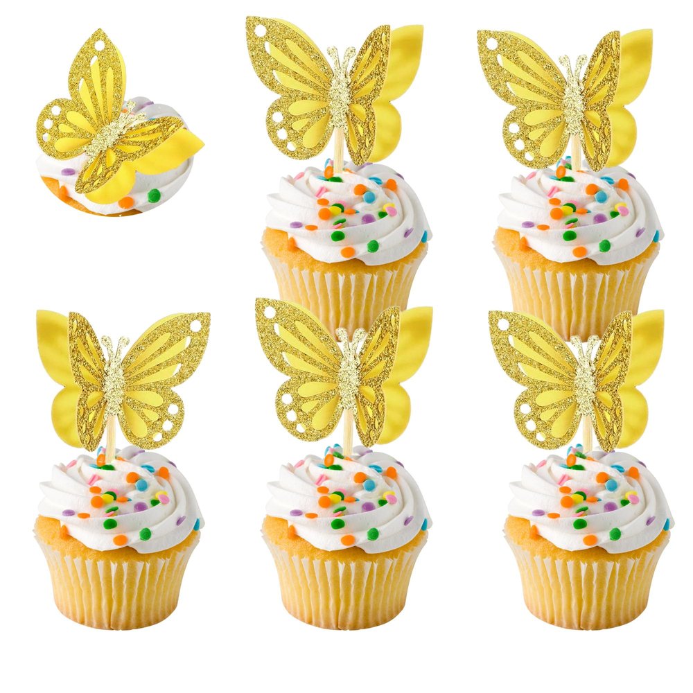 12-Glitter Gold Paper Butterfly Cake Decorations, Double - Layered Paper Cake Toppers for Dessert Table, Party Supplies
