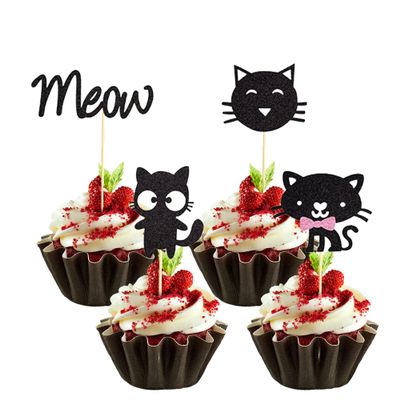 12-Piece Cute Black Cat Cupcake Toppers Set - Glitter Cat Cake Decorations for Cat Lover Birthday Parties, Baby Showers & Party Decor