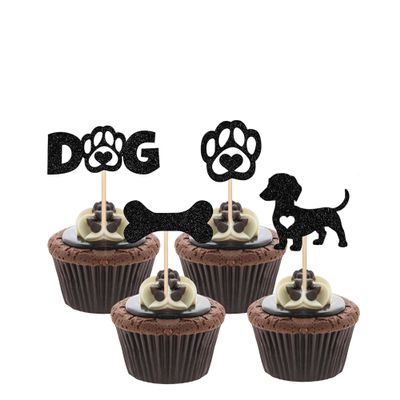 12 Pieces Dachshund Cupcake Toppers - 4 Styles Black Glitter Dog Decoration, suitable for Pet Adoption Theme Decoration Supplies Baby Shower & Birthday Parties