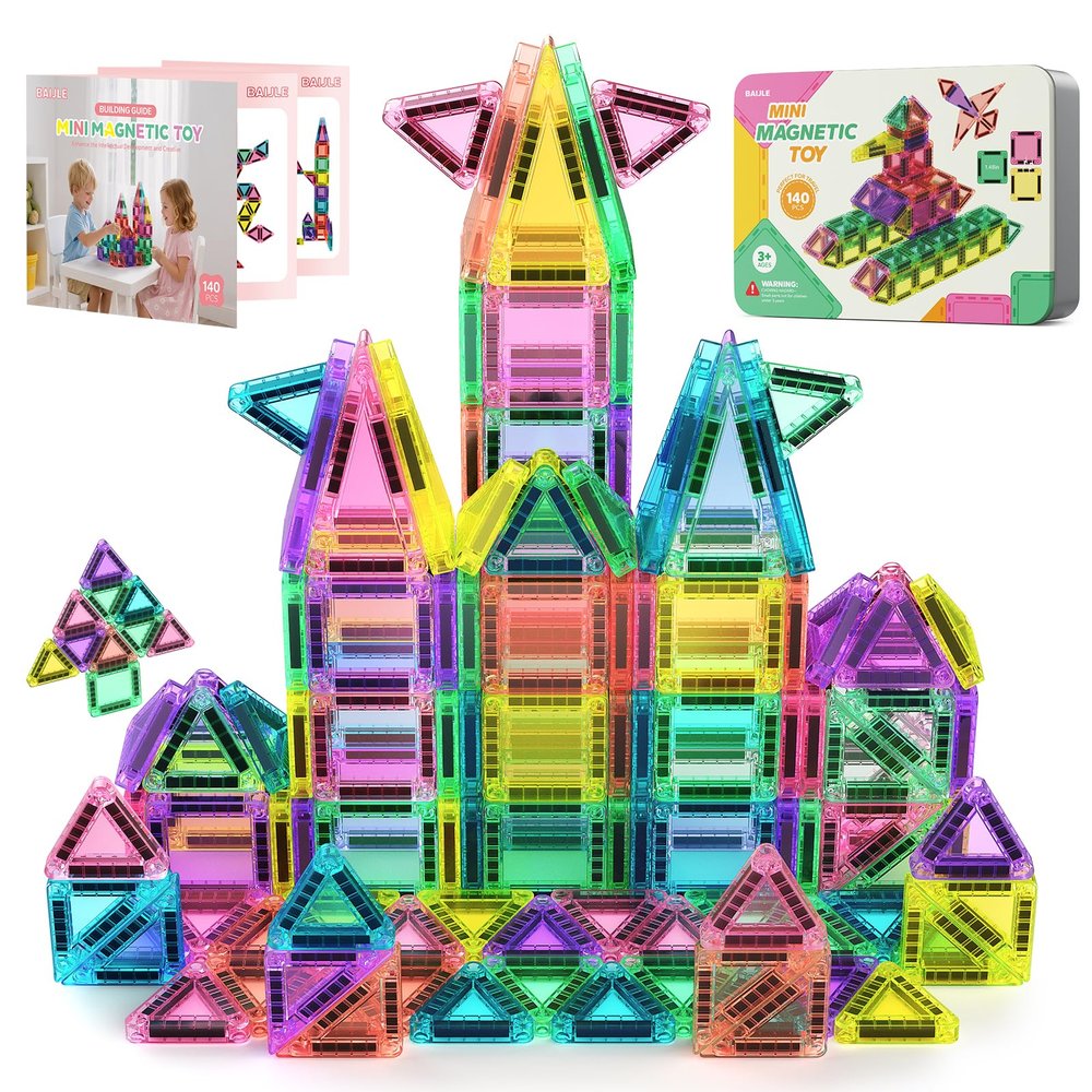 BAIJLE 140PCS Mini Magnetic Tiles, Portable Magnetic Toys Travel Set with Iron Case for Kids Ages 4-8,Creativity Boosting Building Toys Set,Toddler Puzzle Birthday Gift Toys for Boys and Girls Ages 3+