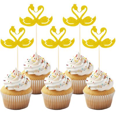 12Pcs Gold Swan Cupcake Topper with Crown - Hollow Design Swan Cupcake Decoration, Elegant Swan Cake Toppers for Baby Shower Kids Birthday Party Supplies Cake Decoration