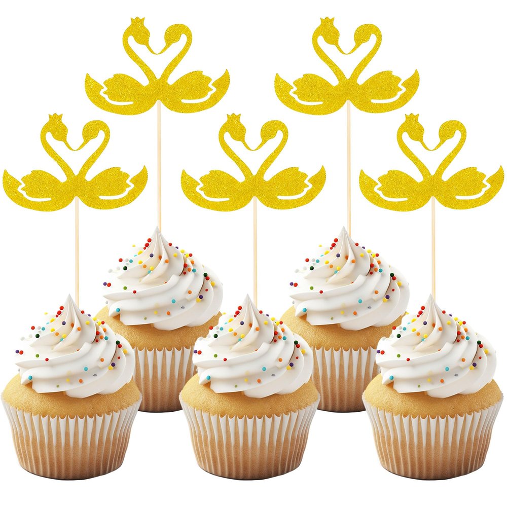 12Pcs Gold Swan Cupcake Topper with Crown - Hollow Design Swan Cupcake Decoration, Elegant Swan Cake Toppers for Baby Shower Kids Birthday Party Supplies Cake Decoration