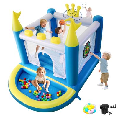 Ytonisld Mini Inflatable Bounce House with Ball Pit, 5 in 1 PVC Kids Bouncy Castle with Electric Air Pump, Small Crown Jump House for Kids Ages 3-8, Toddlers Playhouse Bouncer, Indoor/Outdoor