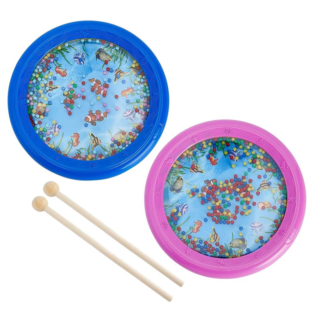 OLYCRAFT 2Pcs Ocean Drums with 2Pcs Wood Drumstick Wave Bead Drums with Fish Pattern 7 Inch Sea Sound Drum with Wave Beads Sea Sound Musical Percussion Instrument for Home Supplies
