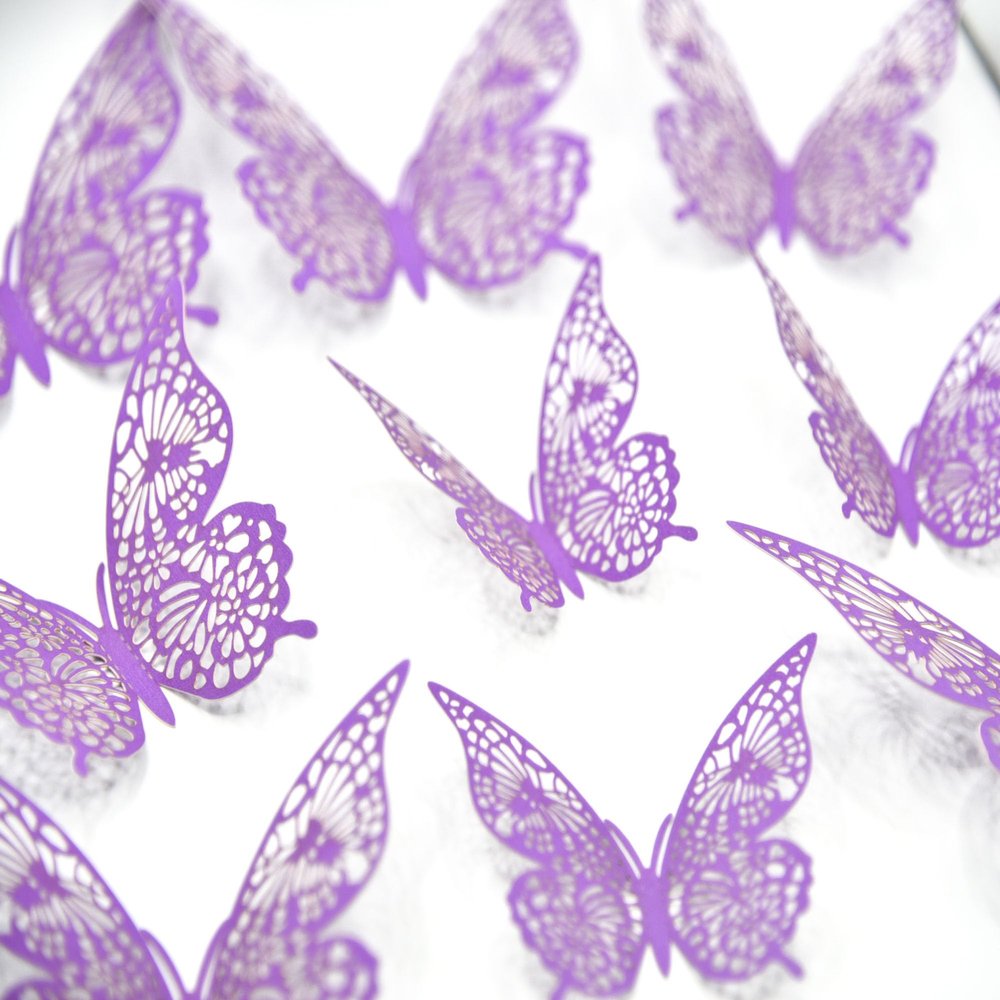 12 Pcs Purple Butterfly Cake Toppers 3D Hollow-out Butterflies Cake Decorations in 3 Sizes Multifunction Butterfly Wall Decor for Birthday Wedding Anniversary Party Supplies