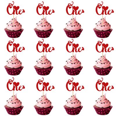12 PCS Red Glitter "One" Cupcake Toppers - 1st Anniversary Party Decorations - First Birthday & One Year Celebration Supplies