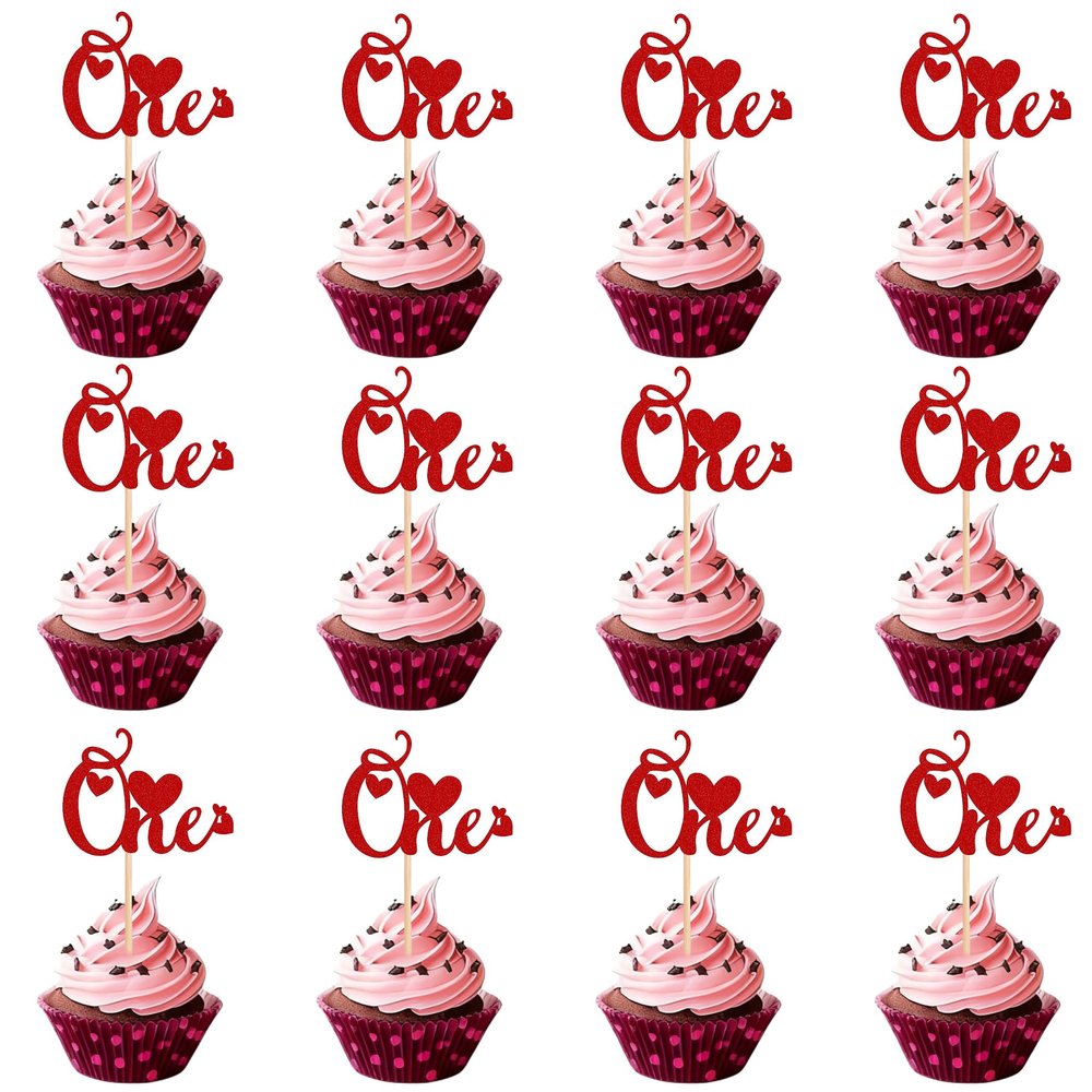 12 PCS Red Glitter "One" Cupcake Toppers - 1st Anniversary Party Decorations - First Birthday & One Year Celebration Supplies