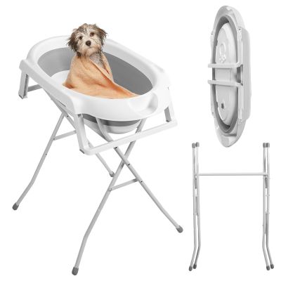 2-in-1 Foldable Dog Bathtub & Washing Station  Portable Pet Grooming Tub with Stand, Drain Hose & Storage Rack for Indoor Outdoor Use
