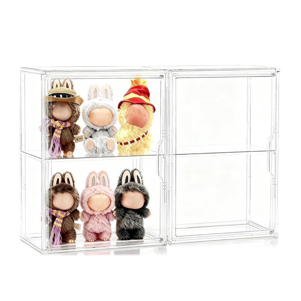 2-Tier Display Case for Labubu, Wall Mounted 14.17in Clear Acrylic Cabinet Box with Removable Divider, Organizer for Big Into Energy Figures and Collectibles