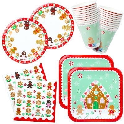 100 Christmas Party Paper Plates Napkins and Cups Set Gingerbread Disposable Dinnerware Set