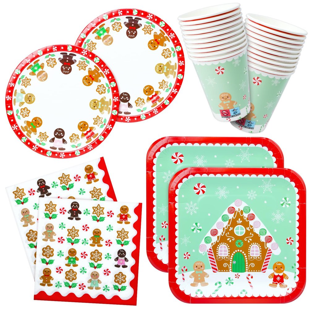 100 Christmas Party Paper Plates Napkins and Cups Set Gingerbread Disposable Dinnerware Set