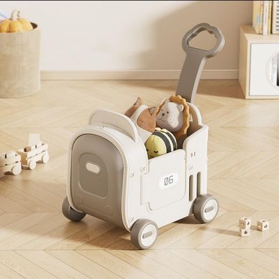 Children's Toy Storage Shopping cart, Baby Toy Box with Wheels, Pull Rope and Handle, for Riding, Walking, Pulling and Storage. Suitable for Home/Game Room/Bedroom (Coffee Color Ribbon Push Rod)