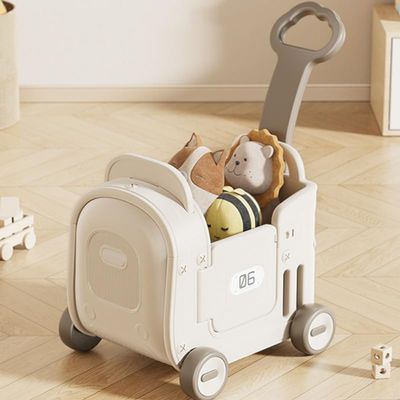 Children's Toy Storage Shopping cart, Baby Toy Box with Wheels, Pull Rope and Handle, for Riding, Walking, Pulling and Storage. Suitable for Home/Game Room/Bedroom (White Ribbon Push Rod)