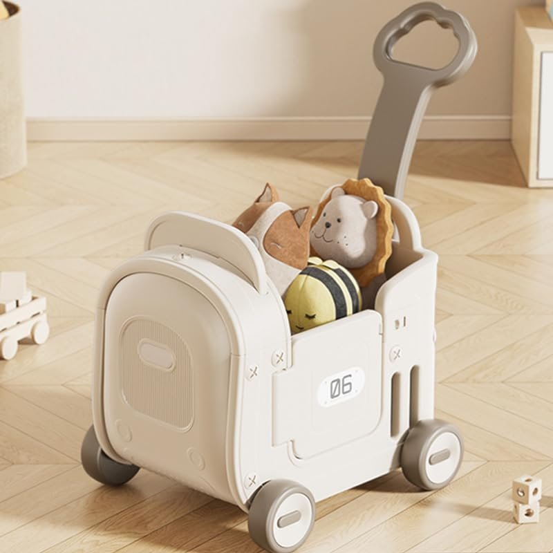 Children's Toy Storage Shopping cart, Baby Toy Box with Wheels, Pull Rope and Handle, for Riding, Walking, Pulling and Storage. Suitable for Home/Game Room/Bedroom (White Ribbon Push Rod)