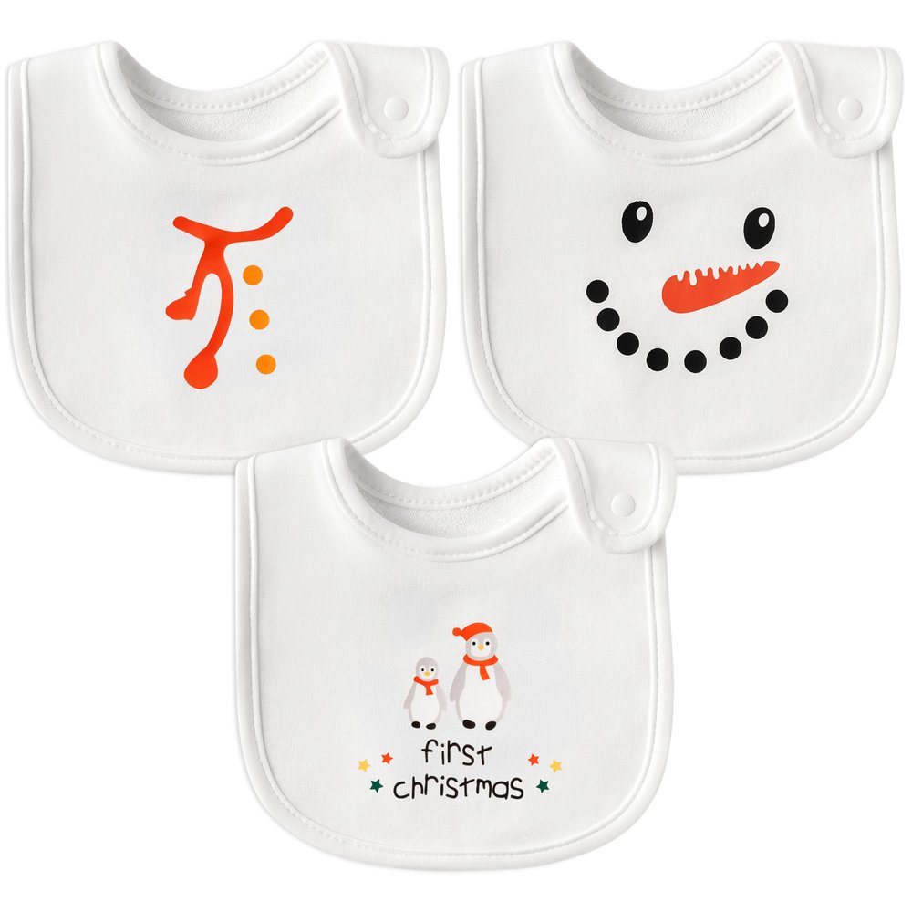 2ooya Christmas Cotton Baby Bibs - 3Pcs Snowman Penguin Toddler Feeding Bibs with Resin Buttons Infant First Christmas Baby Food Bib Xmas Drooling Eating Teething Keepsake Gift for Newborn 6-12 Months