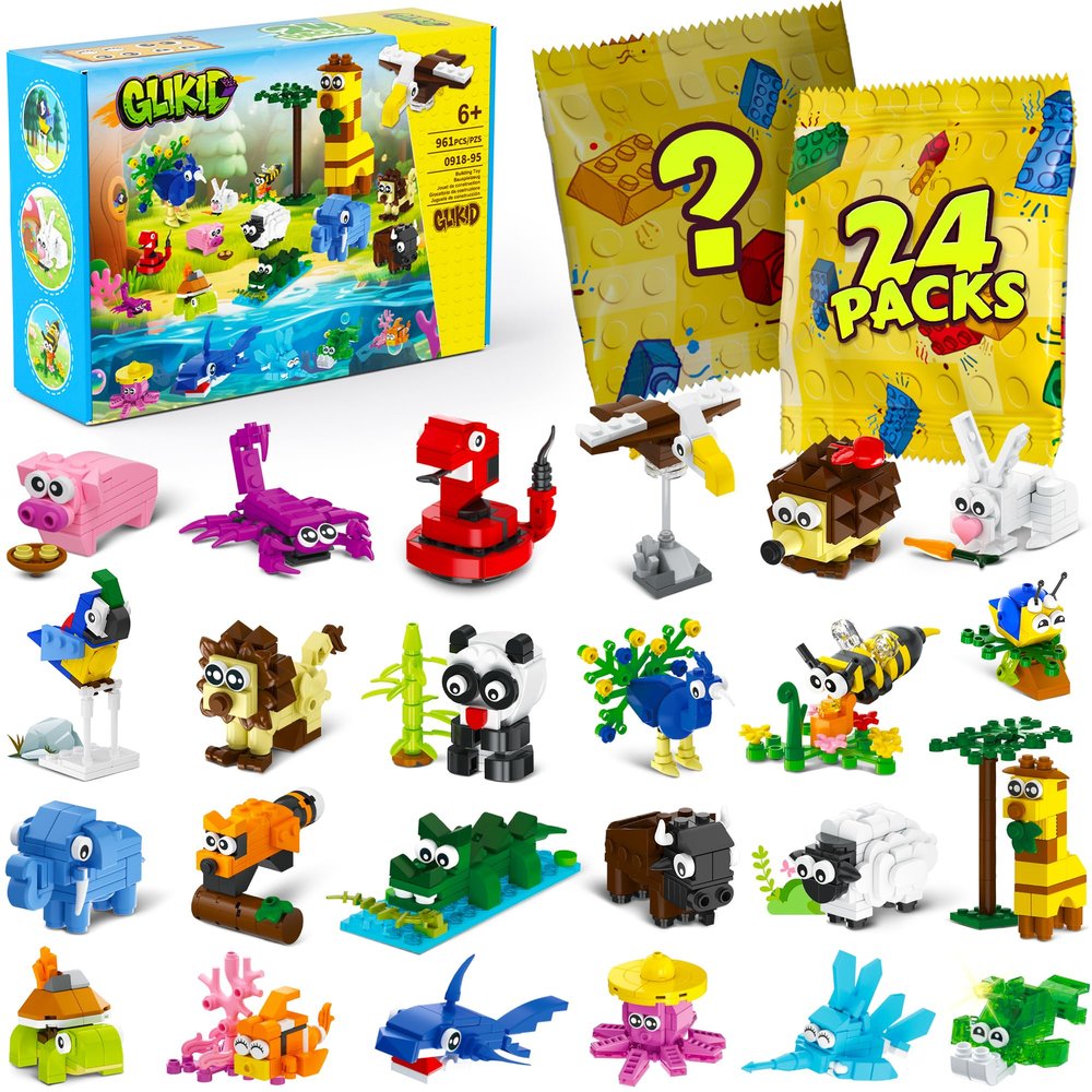 Glikid 24 Packs Valentines Party Favors for Kids 4-8 8-12, 961 PCS Mini Animal Building Blocks Blind Bags for Birthday Goodie Bags, Treasure Box Toys for Classroom, Pinata Stuffers