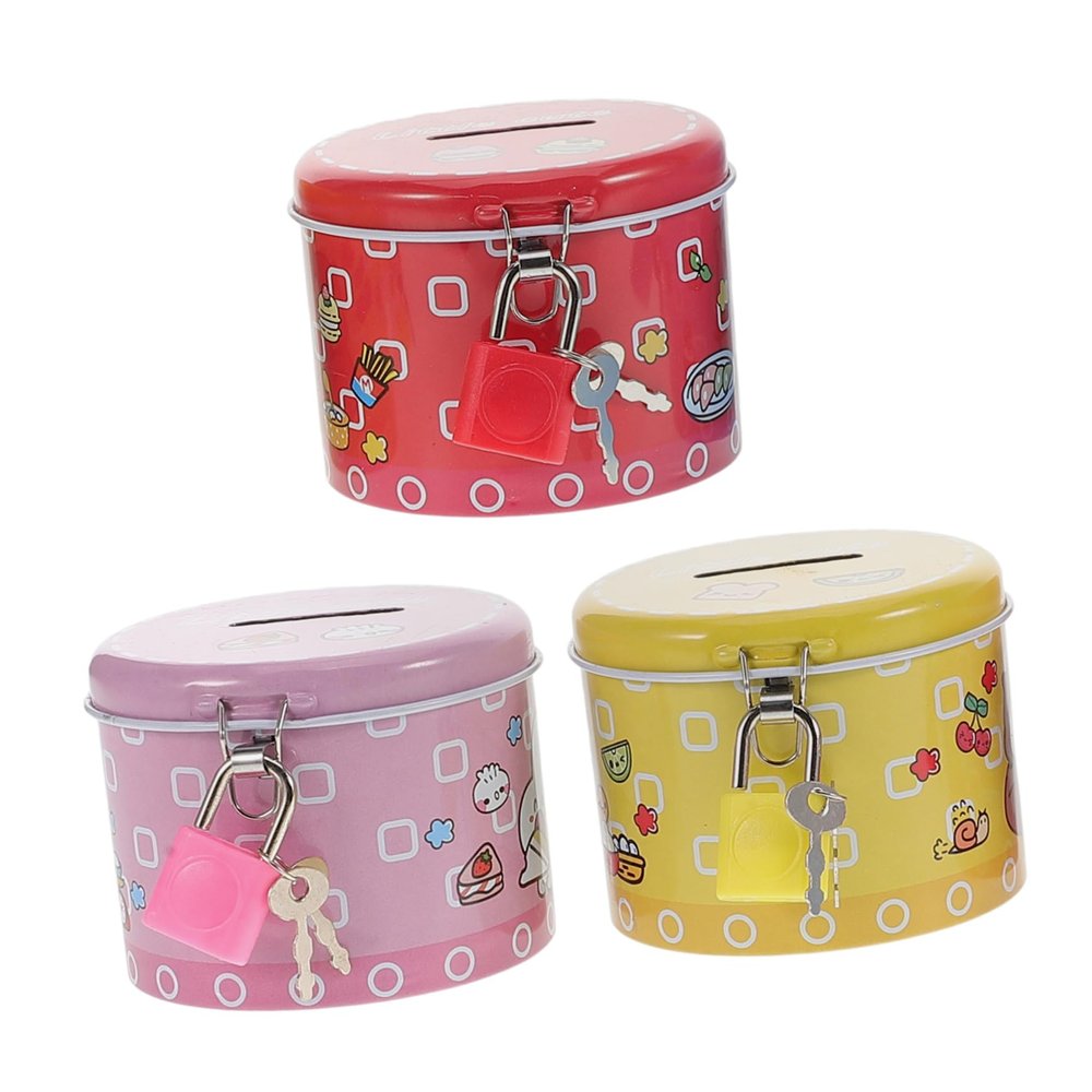 Abaodam 3pcs Metal Coin Bank with Lock Round Tinplate Piggy Money Holder Coin Saving Pot for Secure and Convenient Cash Storage Random Color and Pattern Random Color