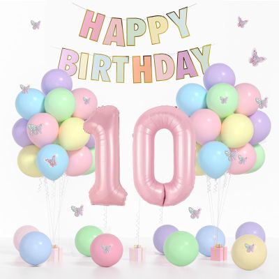10th Birthday Decorations for Girl-12 inch Pastel Balloons, 32 Inch Pink 10 Balloon, 3D Butterflies Stickers, Happy Birthday Banner For Girl 10 Years Old BD Party Decorations