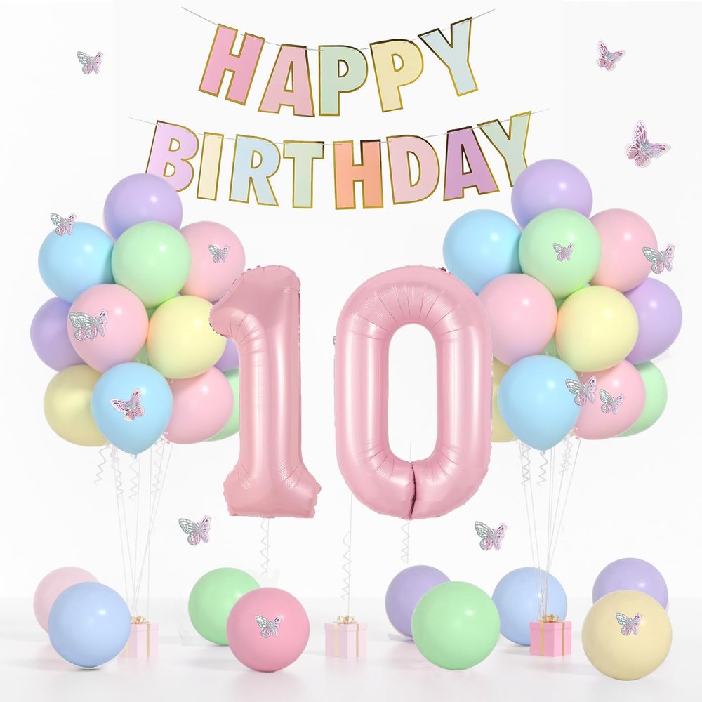 10th Birthday Decorations for Girl-12 inch Pastel Balloons, 32 Inch Pink 10 Balloon, 3D Butterflies Stickers, Happy Birthday Banner For Girl 10 Years Old BD Party Decorations