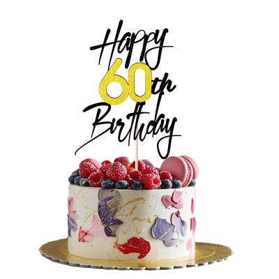 1 PCS Happy 60th Birthday Cake Topper - Black Gold Shimmer "Cheers to 60 Years" - Elegant Cake Decoration for 60th Birthday Party, Fits Various Desserts (60)