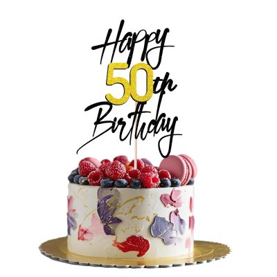 1 PCS Happy 50th Birthday Cake Topper - Black Gold Shimmer "Cheers to 50th Years" - Elegant Cake Decoration for 50th Birthday Party, Fits Various Desserts (50)