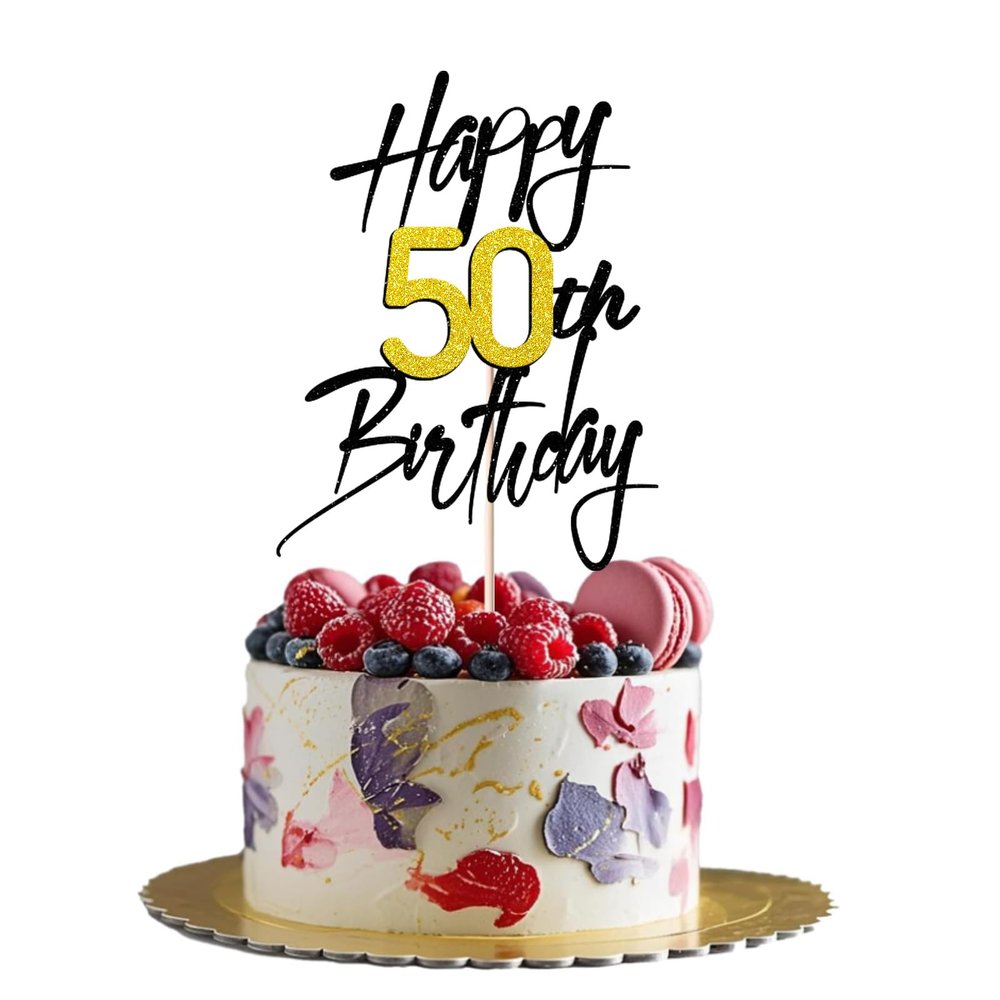 1 PCS Happy 50th Birthday Cake Topper - Black Gold Shimmer "Cheers to 50th Years" - Elegant Cake Decoration for 50th Birthday Party, Fits Various Desserts (50)