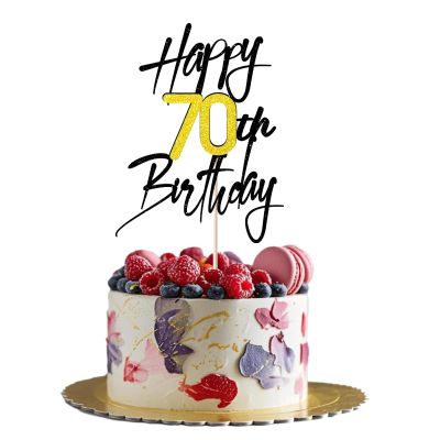 1 PCS Happy 70th Birthday Cake Topper - Black Gold Shimmer "Cheers to 70 Years" - Elegant Cake Decoration for 70th Birthday Party, Fits Various Desserts (70)