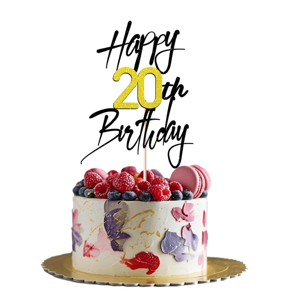 1 PCS Happy 20th Birthday Cake Topper - Black Gold Shimmer "Cheers to 20 Years" - Elegant Cake Decoration for 20th Birthday Party, Fits Various Desserts (20)