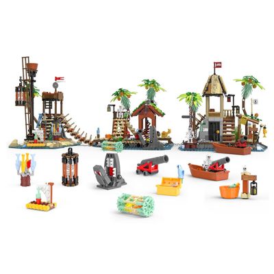 Audaxly Pirate Island Building Kit - Watchtower, Black Reef, Skull Island with Skull, Prison & More Scenarios, Perfect for Family Building Time, Birthday Gifts for Boys Aged 6+, 1499 PCS, 3 Sets