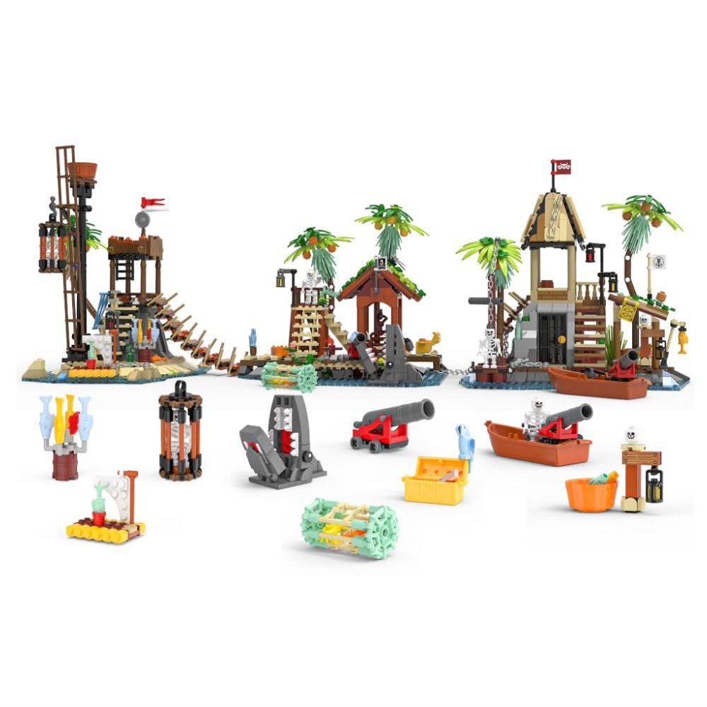 Audaxly Pirate Island Building Kit - Watchtower, Black Reef, Skull Island with Skull, Prison & More Scenarios, Perfect for Family Building Time, Birthday Gifts for Boys Aged 6+, 1499 PCS, 3 Sets
