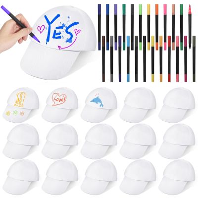 DIMEGON White DIY Hats Set, 32PCS Kids DIY Hats with 48 Colored Pens for Youth,Halloween DIY Painting Blank Baseball Hats, Creative Adjustable Baseball Cap Hat for Family Bond,Parties, Crafts, Art