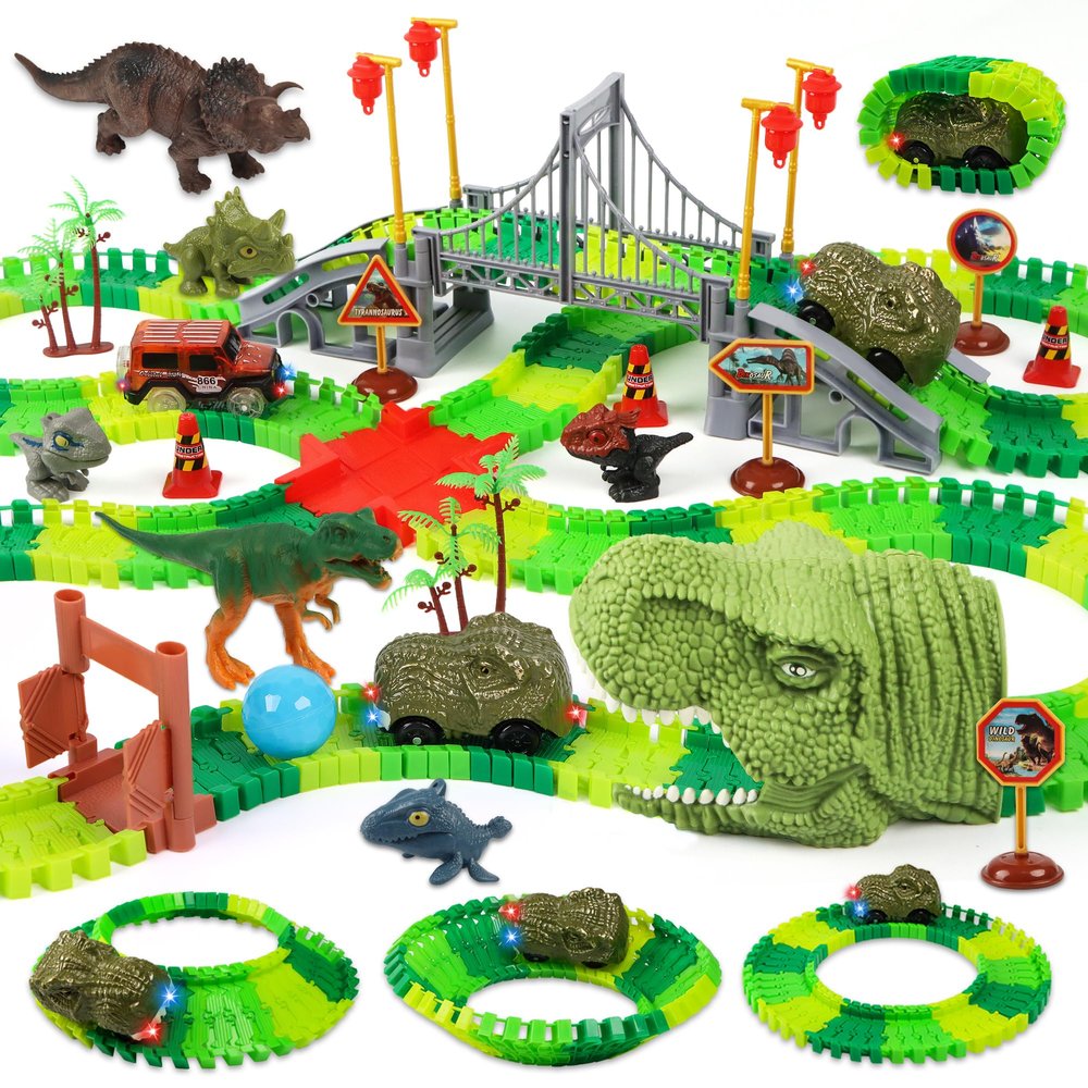 LCIMG Dinosaur Track Race Car Toys - Birthday Toys Gifts for 3 4 5 6 7 Year Old Boys Girls - Flexible Dinosaur Track Car Set with Light - Create a Dinosaur Adventure World