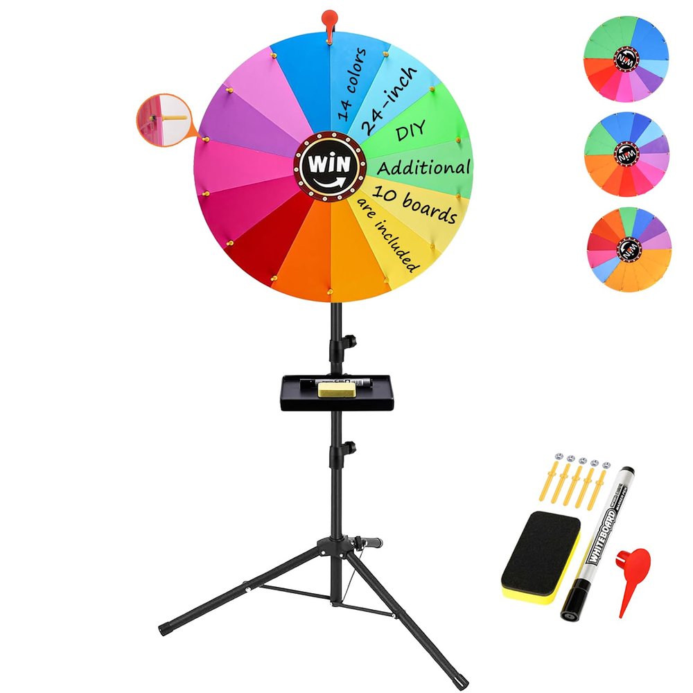 24-Inch Spinning Prize Wheel Spinner Game with Stand,Ajustable 34"-65" Height Spinning Wheel for Prizes,Upgraded DIY Roulette Wheel of Fortune,14 Colors,Additional 10 Boards are Included