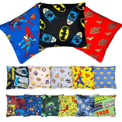 Comic Book Superhero Cornhole Bags (4 Pack) Premium Regulation Sets for Beach Themed Backyard Fun (Super Logo)