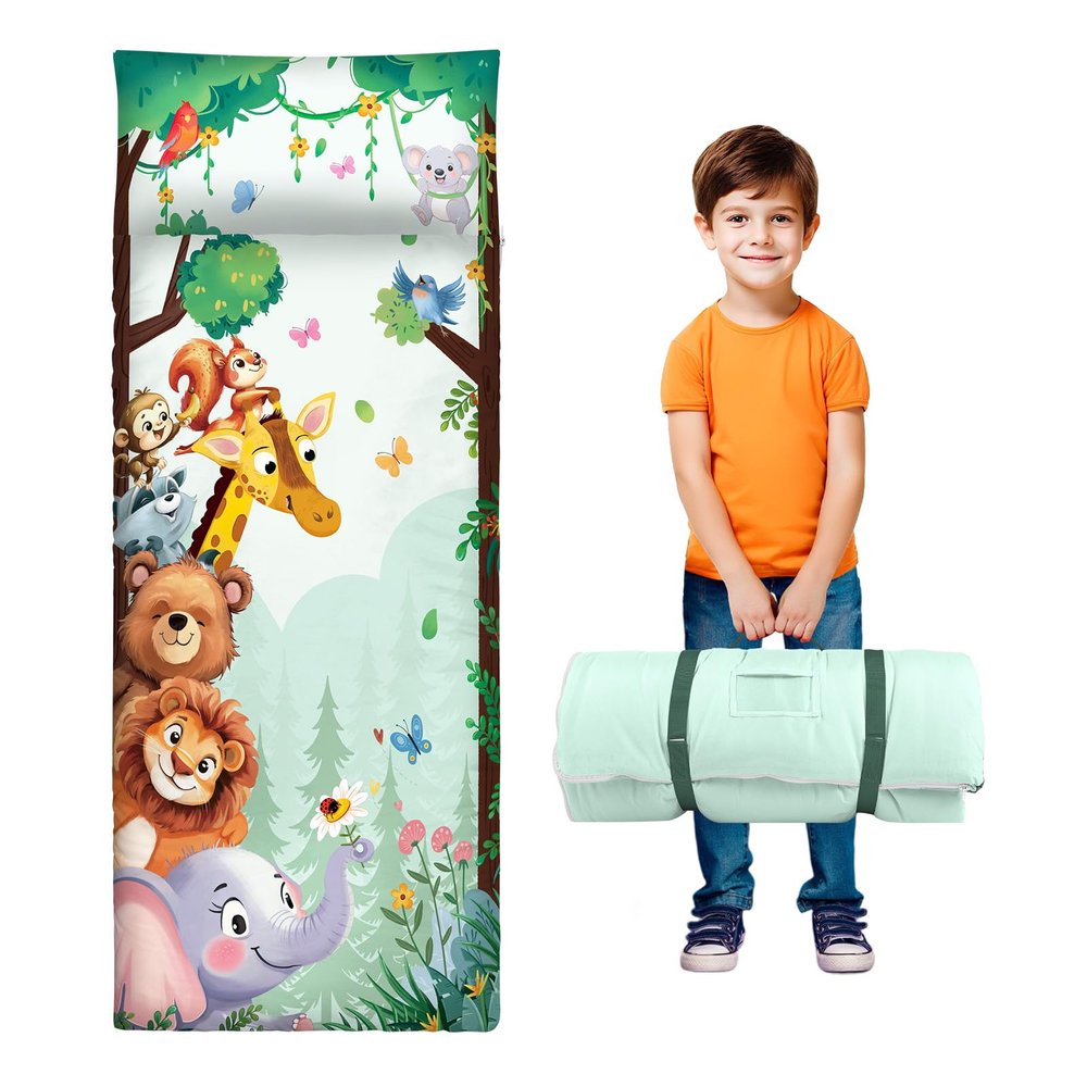 Toddler Nap Mat Kids Sleeping Bag 5924, Soft Slumber Bag with Removable Pillow for Kids Girls Boys,Roll Up Sleeping Mat Lightweight for Camping,Daycare, Kindergarden,Animal