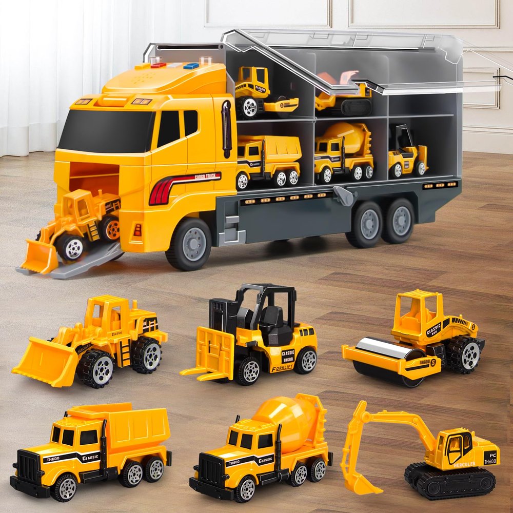 Aukdin Toddler Construction Truck Vehicle Toy Set for 3 4 5 6 Years Old Boys with Play Mat, Die-Cast Car Carrier Truck for Kids Boys Girls Birthday Party Gifts