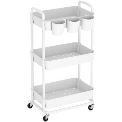 ACCSTORE 3-Tier Baby Diaper Caddy Organizer Cart with Locking Wheels & Hanging Cups - Rolling Storage Cart for Nursery, Changing Table, Baby Essentials, White