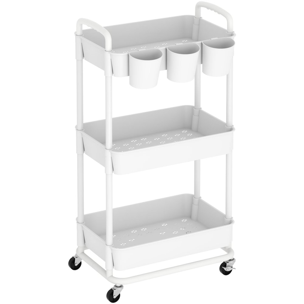 ACCSTORE 3-Tier Baby Diaper Caddy Organizer Cart with Locking Wheels & Hanging Cups - Rolling Storage Cart for Nursery, Changing Table, Baby Essentials, White