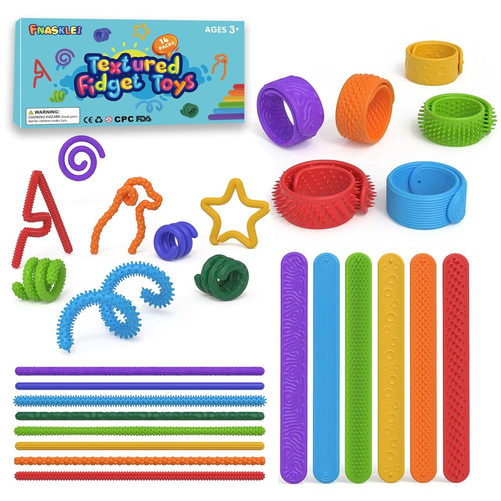14Pack Fidget Toys Bulk for Kids, Sensory Toys for ADHD Stress Relief, Sensory Slap Bracelets & Fidget Sticks, Quiet Fidgets for Classroom Prize, Toys for Autistic Kids 5-7 Easter Basket Stuffers