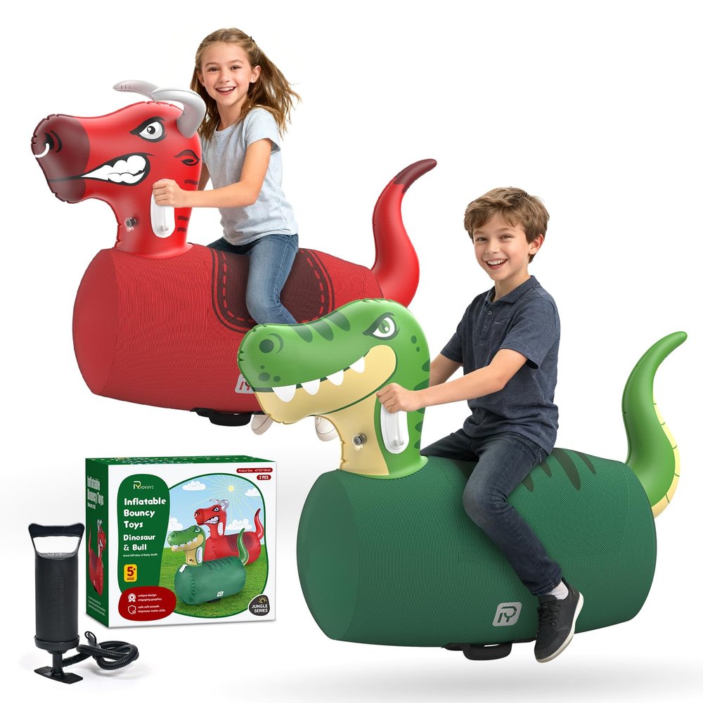 POVYRE Kids Boys Outdoor Toys, 2 PCS Giant Inflatable Dinosaur Bull Toys Bouncy Hopper with Pump, Ride-on Jumping Animal for Indoor Outdoor Play, 220 lbs Capacity, Gift for Ages 5+