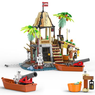 Audaxly Pirate Building Kit - Skeleton Island Set with Hanging Skull, Secret Prison, Movable Cannon Boat & Fish, Barrel, Parrot, Birthday Gifts for Family Pirate Adventures, for Boys Aged 8+, 533 PCS