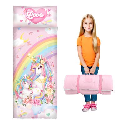 Toddler Nap Mat Kids Sleeping Bag 5924, Soft Slumber Bag with Removable Pillow for Kids Girls Boys,Roll Up Sleeping Mat Lightweight for Camping,Daycare, Kindergarden,Unicorn