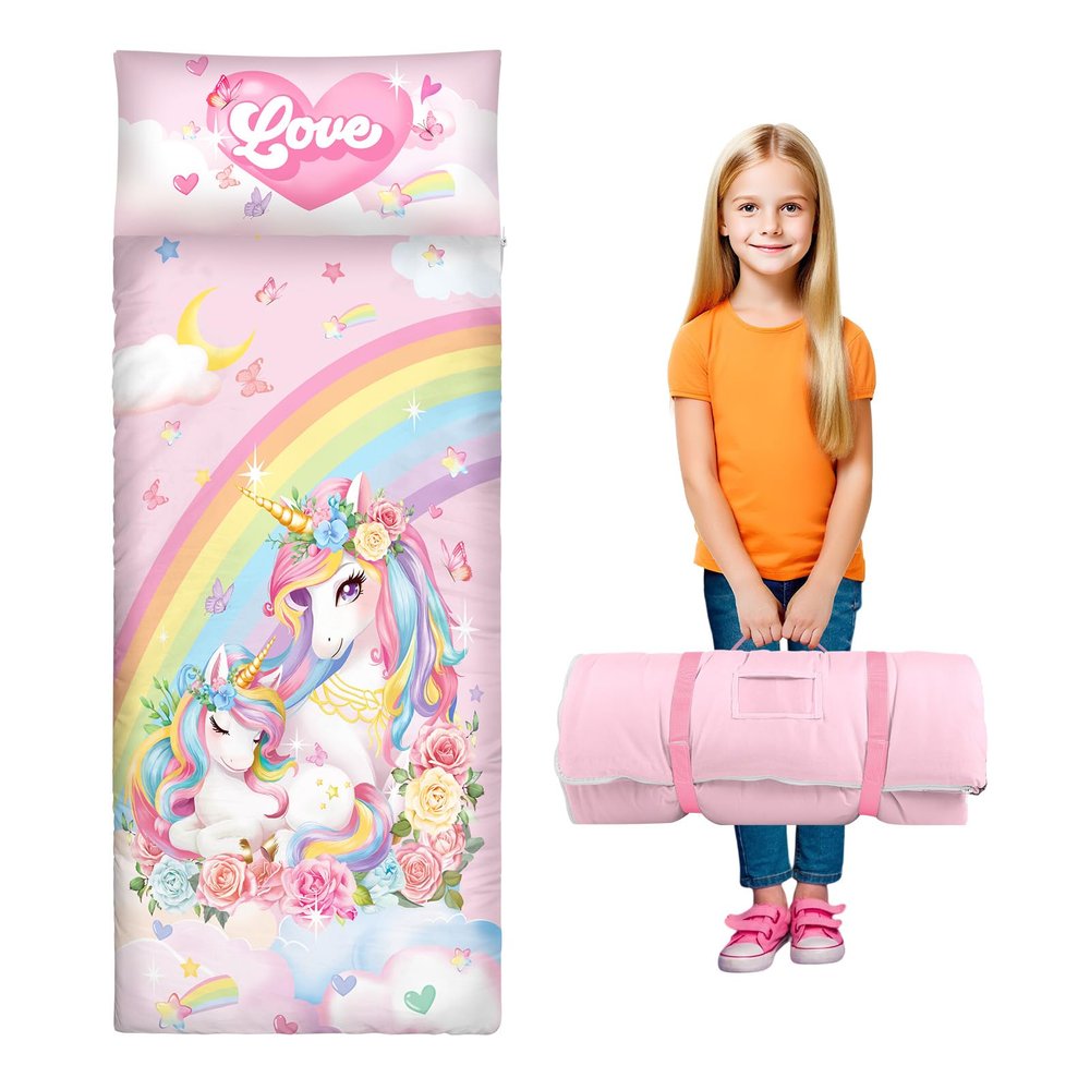 Toddler Nap Mat Kids Sleeping Bag 5924, Soft Slumber Bag with Removable Pillow for Kids Girls Boys,Roll Up Sleeping Mat Lightweight for Camping,Daycare, Kindergarden,Unicorn